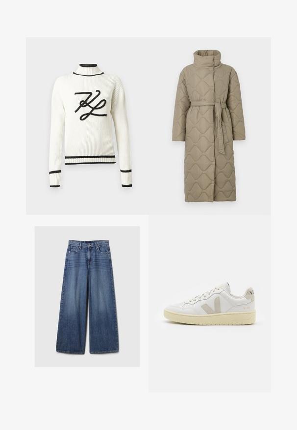 Pitkä taupe-värinen tikattu takki, jossa on korkea kaulus ja samaa kangasta oleva vyö solmittuna vyötärölle. Takissa on aallokkomuotoista tikkausta koko matkalta.; Valkoinen ribbineulottu neule, jossa musta kirjailtu logo edessä. Korkea kaulus ja mustat reunukset hihansuissa ja helmassa.; Vaaleansiniset, leveälahkeiset farkut, joissa on haalistunut viimeistely. Ne sisältävät napin ja vetskarin, viisi taskua sekä vyölenkit.; Valkoiset nahkakengät, joissa on vaaleanruskeat pigmenttisuojat, rei'itetty kärki, litteät nauhat ja teksturoitu kermaisa pohja. Takana on huomaamaton brändäys.