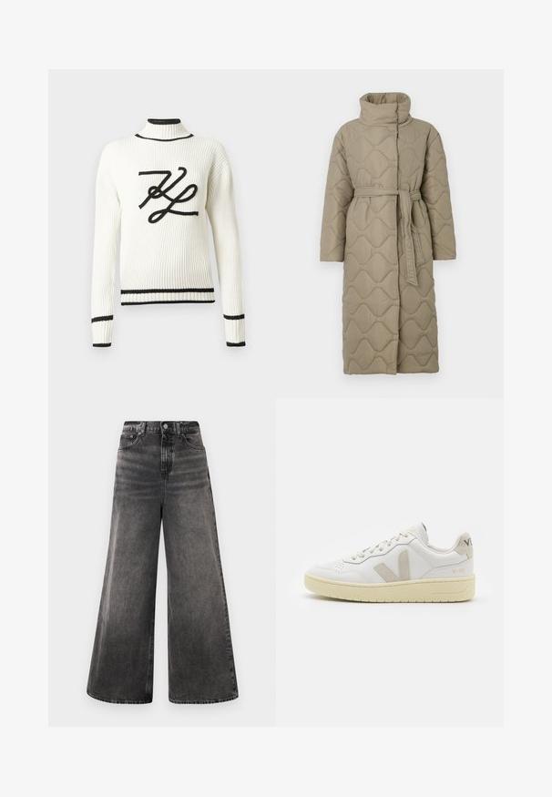 Garšs pelēkbrūns quiltēts mētelis ar augstu apkakli un atbilstošu auduma jostu, kas sasieta ap vidukli, ar viļņu raksta šuvēm visā virsmā.; Balta ribota džemperis ar melnu izšūtu logotipu priekšpusē. Tam ir augsts kakls un melnas apdares apdares aprocēs un apakšmalā.; Plati melni denima džinsi ar izbalējušu apdari, piecu kabatu dizains un pogu aizdare jostas vietā, ar izšūtiem akcentiem.; Baltas ādas sporta apavu pāris ar bēšiem zamša akcentiem, caurumiņu purngalā, plakanu šņorēšanu un teksturētu krēmkrāsas zoli. Iezīmējas ar diskrētu zīmolu uz papēža.