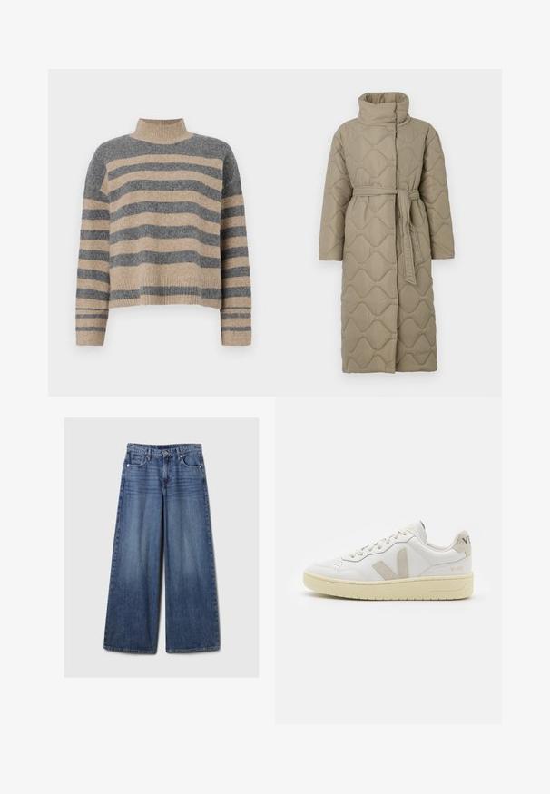Hosszú taupe színű steppelt kabát magas gallérral és azonos anyagból készült övvel, amely a deréknál van megkötve, hullámmintás varrással az egész felületen.; Csíkos kötött pulóver szürke és bézs színekkel, magas gallérral, széles mandzsettás ujjal és laza, rövidített fazonnal.; Széles lábú kék farmernadrág elhalványodott felülettel, gombos és cipzáras záródással, öt zsebbel és övhurkokkal.; Fehér bőr sneaker bézs velúr részletekkel, perforált orr résszel, lapos fűzőkkel és textúrált krémszínű talppal. Finom márkajelzés található a sarkán.