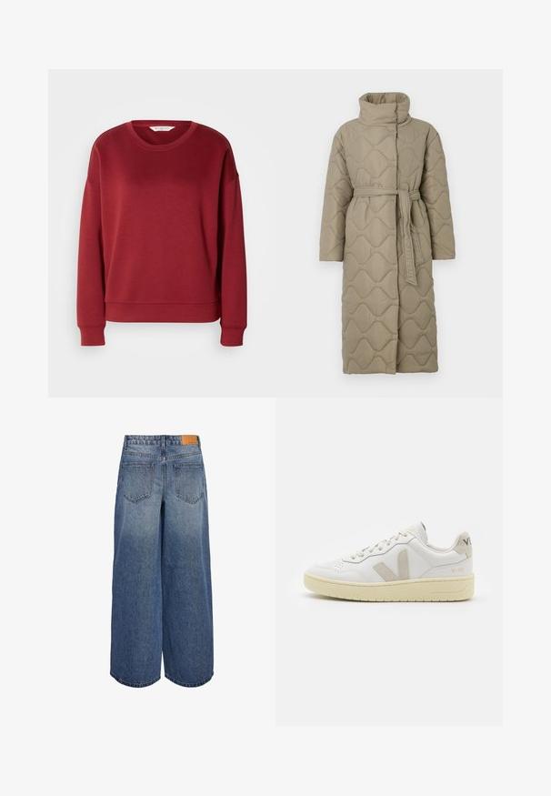 Long taupe quilted coat with high collar and matching fabric belt tied at the waist, featuring wave-pattern stitching throughout.; Red sweatshirt with a round neck, drop shoulder design, ribbed cuffs, and hem. Made from a soft, smooth fabric with a simple, solid color.; Wide-leg denim culottes in medium blue wash with a faded texture, featuring two back pockets and a brown leather brand tag on the waistband.; White leather sneaker with beige suede accents, perforated toe box, flat laces, and a textured cream sole. Features subtle branding on heel.