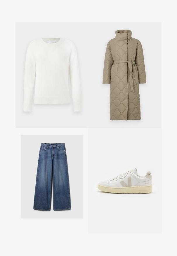 Pikk taupe värvi tikitud mantel kõrge kraega ja sobiva materjalist vööga, mis on seotud vöökohal, ning kogu ulatuses on lainelise mustriga tikand.; Valge pika varrukaga kootud sviiter, millel on soonikuvarrukad, -ääred ja ümmargune kaelus, lihtsal valgel taustal.; Laiad sinised denimpüksid, millel on pleekinud viimistlus, nupp ja lukuga sulgemine, viis taskut ning vööaasad.; Valge nahast tenniseking, millel on beežist siidist aktsent ja aukudega varvas, lame paelad ja tekstureeritud koorevärvi tallad. Omab nüansirikast brändimist kannal.