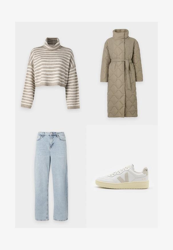Długi, taupe'owy, pikowany płaszcz z wysokim kołnierzem i pasującym paskiem z materiału związanym w talii, z falistym wzorem przeszyć na całej powierzchni.; Dopasowany sweter z kołnierzem w jasnobrązowe i kremowe paski. Wykonany z miękkiego materiału, z szerokimi rękawami i ściągaczami.; Jasnoniebieskie jeansy z wysokim stanem i prostymi nogawkami, z przodu zapinane na guzik i suwak, z pięcioma kieszeniami, na białym tle.; Białe skórzane trampki z beżowymi zamszowymi akcentami, perforowanym noskiem, płaskimi sznurowadłami i teksturowaną kremową podeszwą. Posiadają subtelne logo na pięcie.