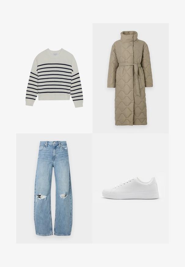 Manteau lung de culoare taupe, matlasat, cu guler înalt și curea din același material legată în talie, având o broderie în formă de valuri pe întreaga suprafață.; Pulover crem cu dungi orizontale bleumarin, textură canelată, gât tip echipaj și mâneci lungi. Croială relaxată cu un design scurt.; Jeans de denim, de un bleu deschis, cu talie înaltă. Au picioare late, două zone rupte la genunchi și un stil clasic cu cinci buzunare.; Adidași albi cu un superior sintetic neted, bot rotund, șase eyeleti pentru șireturi și o talpă din cauciuc de profil jos cu detalii texturate.