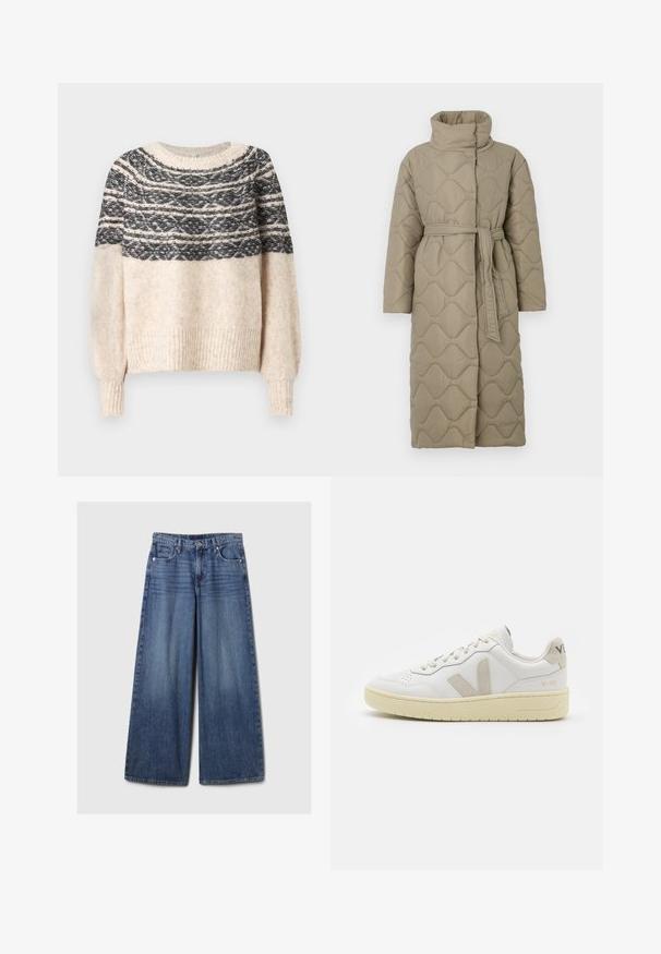 Dugi taupe kaput s kvadrama s visokim ovratnikom i remenom od istog materijala zavezanim u struku, s valovitim uzorkom šivanja kroz cijelu površinu.; Krem i crni pleteni pulover s uzorkom na ovratniku, rebrastim rukavima i rubom, prikazan na jednobojnoj pozadini.; Široke plave traperice s izblijedjelim finišom, s kopčanjem na gumb i patentni zatvarač, pet džepova i petljama za remen.; Bijele kožne tenisice s bež nubuk naglascima, perforiranim prednjim dijelom, ravnim čipkama i teksturiranom kremastom potplatom. Sadrži suptilni brend na pete.