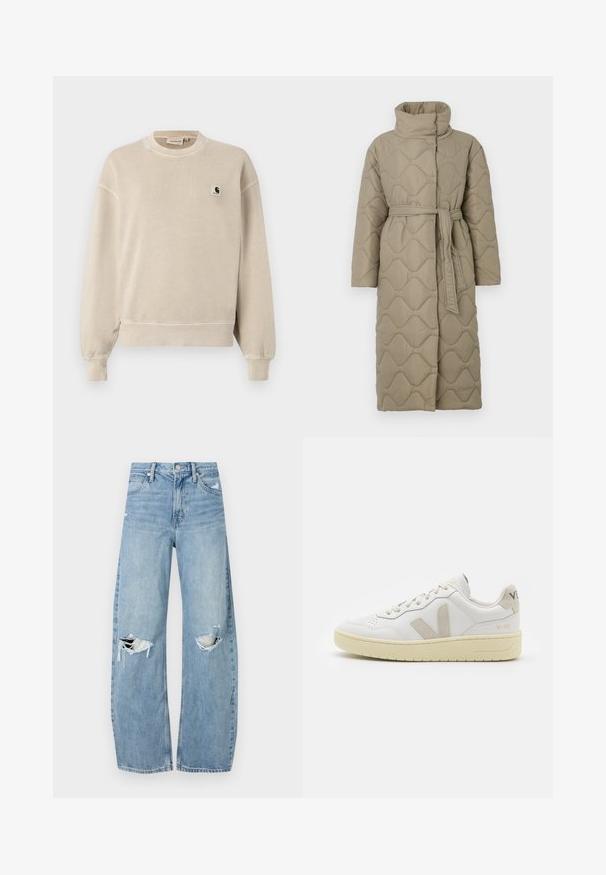 Cappotto lungo color taupe trapuntato con alto colletto e cintura in tessuto abbinato legata in vita, caratterizzato da cuciture a motivo ondulato in tutto il capo.; Felpa beige con colletto rotondo, maniche lunghe, polsini e orlo a costine. Presenta un piccolo logo ricamato sul lato sinistro del petto. Tessuto morbido e rilassato.; Jeans azzurri chiari a vita alta realizzati in denim. Presentano gambe larghe, due aree strappate sulle ginocchia e il classico styling a cinque tasche.; Sneaker in pelle bianca con dettagli in suede beige, punta perforata, lacci piatti e suola testurizzata color crema. Presenta un logo discreto sul tallone.