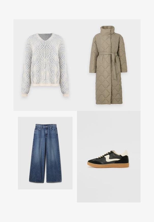 Cappotto lungo color taupe trapuntato con alto colletto e cintura in tessuto abbinato legata in vita, caratterizzato da cuciture a motivo ondulato in tutto il capo.; Maglione lavorato a maglia in crema e azzurro chiaro con un motivo a onde. Presenta un collo a V e maniche lunghe con polsini e orlo a coste.; Jeans in denim blu a gamba larga con una finitura sbiadita, dotati di chiusura a bottone e zip, cinque tasche e passanti per cintura.; Sneaker nera in suede e pelle con un sorriso laterale crema e un tallone di un leggero crema. Presenta lacci beige e una suola in gomma color caramello.