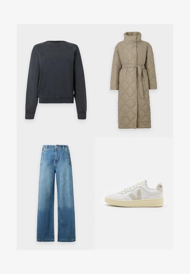 Casaco longo em taupe, acolchoado, com gola alta e cinto de tecido a condizer atado à cintura, apresentando um acolchoado em padrão de ondas por toda a parte.; Sweatshirt cinza-escuro com gola redonda, mangas raglan e punhos e bainha canelados. Textura suave sem padrões ou detalhes visíveis.; Jeans de ganga de perna larga em azul claro com uma cintura alta, apresentando dois bolsos frontais, passantes para cinto e uma textura levemente desbotada.; Sapatilha de couro branca com detalhes em camurça bege, biqueira perfurada, atacadores planos e sola texturizada creme. Apresenta uma marcação subtil no calcanhar.