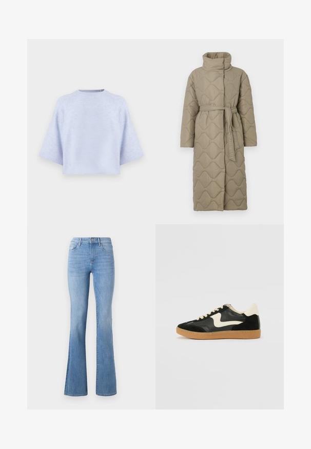 Lang taupe quiltet frakke med høj krave og bælte i matchende stof bundet i taljen, med bølge-mønster syninger over hele.; Lysblå cropped sweater lavet af blødt stof. Har brede ærmer, en rund halsudskæring og en afslappet pasform. Glat tekstur, minimalistisk design.; Lysblå flagrende jeans med mellemhøj talje, klassisk fem-lomme design og subtil fading langs benene. Denim stoftekstur.; Sorte ruskinds- og lædersneakers med en cremefarvet side-swoosh og lys cremefarvet hæl. Har beige snørebånd og en gummirubber-sål.