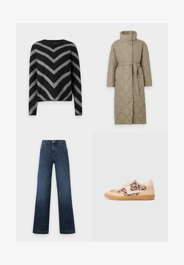 Long taupe quilted coat with high collar and matching fabric belt tied at the waist, featuring wave-pattern stitching throughout.; Black and gray striped sweater with a chevron pattern, featuring a round neckline and long sleeves, made from a soft, textured material.; Dark blue denim jeans with a wide-leg design, featuring five pockets and a front button closure. Smooth texture and classic stitching details.; Leopard print sneakers with beige suede upper, tan rubber sole, and white accents. Round toe and lace-up design with a textured finish.