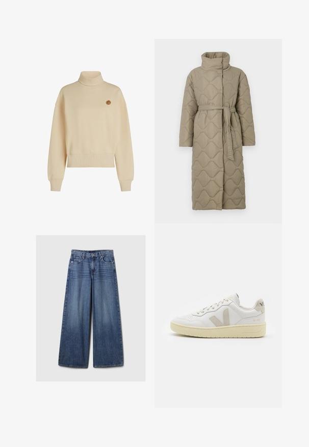 Ilgas taupe spalvos siuvinėtas paltas su aukštu apykakle ir derančiu audinio diržu, suvytu juosmenyje, su banguotu raštu siuvinėjimu visame paviršiuje.; Šviesiai ruda golfas su pūkuota medžiaga, pasižymintis laisvu siluetu, numestais pečiais ir nedideliu apvaliu logotipu ant krūtinės.; Platus mėlynos džinsinės kelnės su išblukusiu paviršiumi, su mygtukų ir užtrauktuko uždarymu, penkiomis kišenėmis ir diržo kilpomis.; Balti odiniai sportbačiai su kreminiais zomšos akcentais, perforuota pirštų dalimi, plokščiomis raišteliais ir struktūruota kreminėmis padomis. Ant kulno yra subtilus ženklinimas.