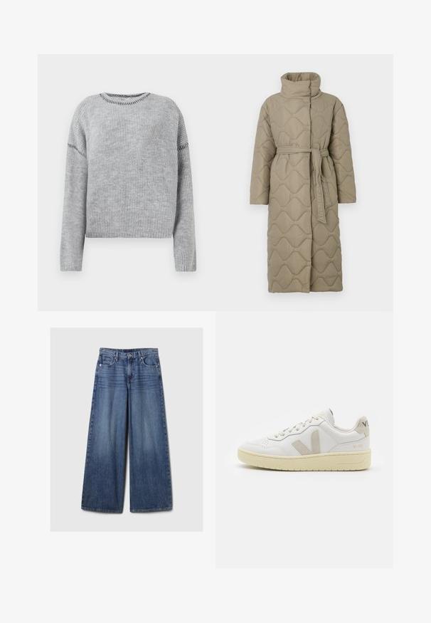 Casaco longo em taupe, acolchoado, com gola alta e cinto de tecido a condizer atado à cintura, apresentando um acolchoado em padrão de ondas por toda a parte.; Suéter cinza de malha com decote redondo e mangas longas. Apresenta textura canelada e detalhes de costura em contraste ao longo das costuras.; Calças de ganga azul de perna larga com um acabamento desbotado, apresentando um fecho de botão e zipper, cinco bolsos e passantes para cinto.; Sapatilha de couro branca com detalhes em camurça bege, biqueira perfurada, atacadores planos e sola texturizada creme. Apresenta uma marcação subtil no calcanhar.
