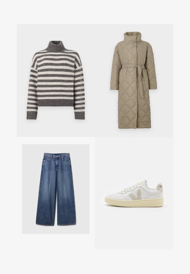Dolga taupe puhovka s visokim ovratnikom in pasom iz iste tkanine, zavezanim na pasu, ki vsebuje šivane vzorce valov v celotni dolžini.; Societni pulover s črtami v sivi in kremni barvi. Mehka tkanina z sproščenim krojem, z rebrastimi detajli na ovratniku in robu.; Široke jeans hlače iz modrega denima z bledečim finišem, z gumbom in zadrgo, petimi žepi in zanko za pas.; Bela usnjena tenisača z bež semiš poudarki, perforiranim prednjim delom, ravnimi vezalkami in strukturiranim kremnim podplatom. Ima diskretno blagovno znamko na peti.