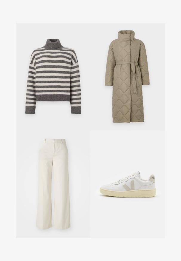 Long taupe quilted coat with high collar and matching fabric belt tied at the waist, featuring wave-pattern stitching throughout.; Striped turtleneck sweater in grey and cream. Soft material with a relaxed fit, featuring ribbed details at the collar and hem.; Wide-leg trousers in a light beige color, made of a smooth fabric. Features a classic waistband and flat front with clean lines.; White leather sneaker with beige suede accents, perforated toe box, flat laces, and a textured cream sole. Features subtle branding on heel.