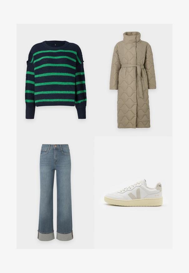 Langer taubefarbener gesteppter Mantel mit hohem Kragen und passendem Stoffgürtel, der in der Taille gebunden ist, mit Wellenmuster-Steppung. ; Dunkelblauer Strickpullover mit grünen horizontalen Streifen und gerippten Bündchen, mit rundem Ausschnitt und einer leicht lockeren Passform.; Weite blaue Denim-Jeans verfügen über eine hohe Taille, umgekrempelte Säume mit grauen Akzenten, ein Fünf-Taschen-Design und einen vorderen Knopfverschluss.; Weiße Ledersneaker mit beigen Wildlederakzenten, perforierte Zehenbox, flache Schnürsenkel und eine strukturierte cremefarbene Sohle. Mit dezentem Branding an der Ferse.