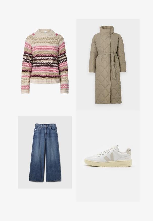 Manteau lung de culoare taupe, matlasat, cu guler înalt și curea din același material legată în talie, având o broderie în formă de valuri pe întreaga suprafață.; Pulover tricotat în nuanțe de crem, roz și maro, având un guler rotund, dungi orizontale și modele texturate pe întreaga suprafață. Manșete și margine cu model rib.; Blugi din denim albastru cu picioare largi, având un finisaj uzat, cu închidere prin buton și fermoar, cinci buzunare și curea.; Pantofii sport din piele albă cu accente din suede bej, cutie pentru degete perforată, șireturi plate și o talpă texturată de crem. Prezintă branding subtil pe călcâi.