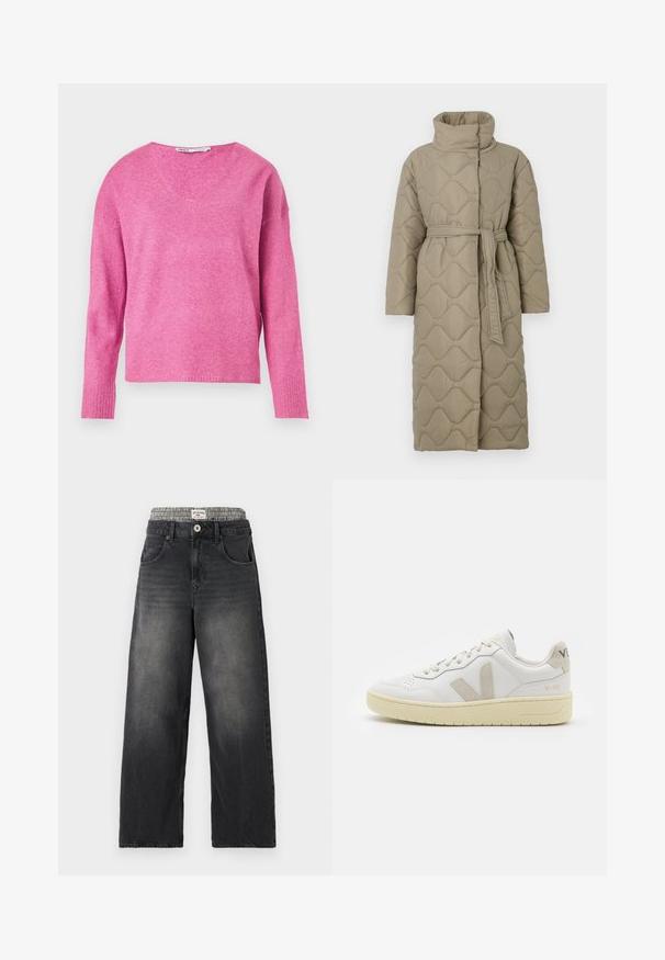 Pitkä taupe-värinen tikattu takki, jossa on korkea kaulus ja samaa kangasta oleva vyö solmittuna vyötärölle. Takissa on aallokkomuotoista tikkausta koko matkalta.; Vaaleanpunainen neulepusero, jossa on V-pääntie, pitkät hihat, ribbireunat ja pehmeä rakenne. Mallissa on hieman löysä istuvuus.; Mustat farkut leveillä lahkeilla, joissa on houndstooth-kuvioitu vyötärö. Ominaisuuksiin kuuluu etutaskut ja nappikiinnitys. Kuluneet yksityiskohdat.; Valkoiset nahkakengät, joissa on vaaleanruskeat pigmenttisuojat, rei'itetty kärki, litteät nauhat ja teksturoitu kermaisa pohja. Takana on huomaamaton brändäys.