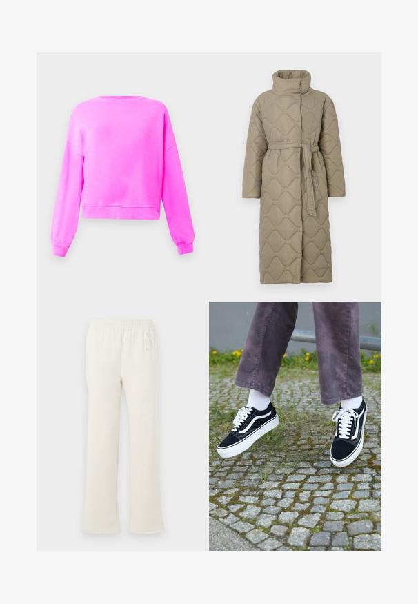 Lang taupe quiltet frakk med høy krage og belte i matchende stoff knyttet rundt livet, med bølgemønster-innsying gjennom hele frakken.; Lys rosa langermet genser med rund hals og ribbestrikkede mansjetter og nederkant, vist på en enkel lys bakgrunn.; Kremfargede joggebukser med elastisk midje og subtil "GAP"-logo på øvre venstre hofte, vist mot hvit bakgrunn.; Svarte semskede joggesko med hvite detaljer, med rund tå, tykk hvit såle og klassisk snøring, båret med hvite sokker og lilla bukser.