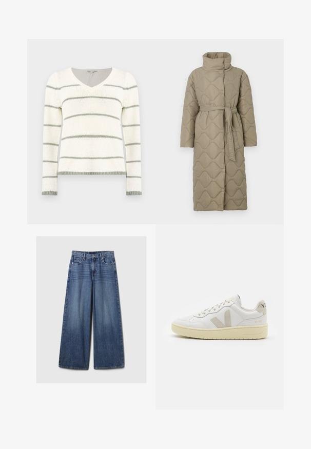 Cappotto lungo color taupe trapuntato con alto colletto e cintura in tessuto abbinato legata in vita, caratterizzato da cuciture a motivo ondulato in tutto il capo.; Maglione lavorato a maglia con scollatura a V, caratterizzato da righe orizzontali bianche e verde chiaro. Maniche lunghe, dettagli a costine sui polsini e sull'orlo.; Jeans in denim blu a gamba larga con una finitura sbiadita, dotati di chiusura a bottone e zip, cinque tasche e passanti per cintura.; Sneaker in pelle bianca con dettagli in suede beige, punta perforata, lacci piatti e suola testurizzata color crema. Presenta un logo discreto sul tallone.