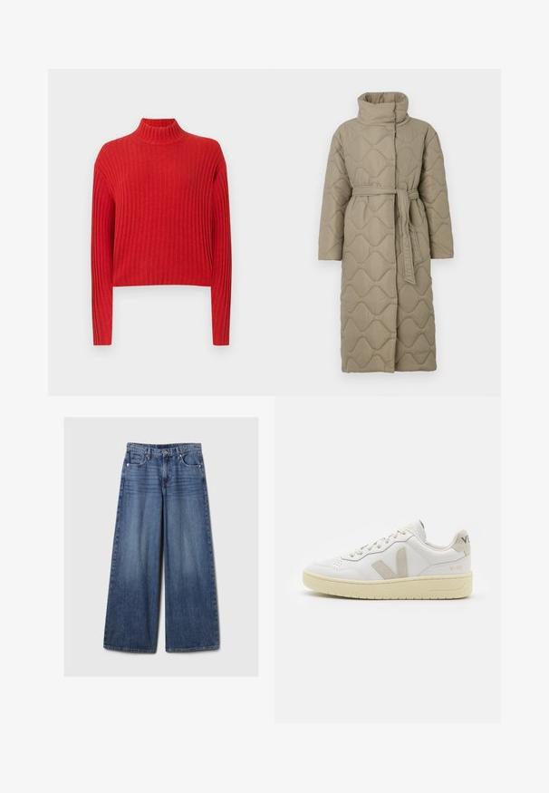 Dolga taupe puhovka s visokim ovratnikom in pasom iz iste tkanine, zavezanim na pasu, ki vsebuje šivane vzorce valov v celotni dolžini.; Rdeča rebrasta pulover z visokim ovratnikom, dolgimi rokavi in skrajšanim dizajnom. Tekstura tkanine se zdi mehka in pletena, z navpičnimi črtami.; Široke jeans hlače iz modrega denima z bledečim finišem, z gumbom in zadrgo, petimi žepi in zanko za pas.; Bela usnjena tenisača z bež semiš poudarki, perforiranim prednjim delom, ravnimi vezalkami in strukturiranim kremnim podplatom. Ima diskretno blagovno znamko na peti.