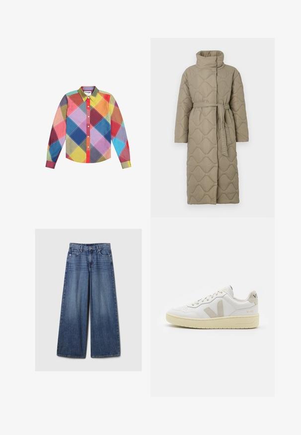 Long taupe quilted coat with high collar and matching fabric belt tied at the waist, featuring wave-pattern stitching throughout.; Long-sleeve shirt featuring a multicolored diamond pattern in shades of red, blue, yellow, green, and purple, with a button-down collar.; Wide-leg blue denim jeans with a faded finish, featuring a button and zipper closure, five pockets, and belt loops.; White leather sneaker with beige suede accents, perforated toe box, flat laces, and a textured cream sole. Features subtle branding on heel.