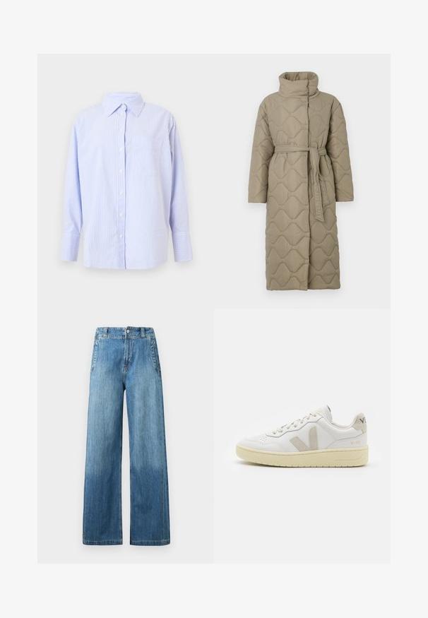 Lang taupe quiltet frakk med høy krage og belte i matchende stoff knyttet rundt livet, med bølgemønster-innsying gjennom hele frakken.; Lys blå og hvit stripete skjorte med krage, lange ermer og brystlomme. Laget av glatt bomullsstoff.; Lyseblå denim bukser med vid ben og høy midje, med to frontlommer, belteholder og en subtil falmet tekstur.; Hvite lær sneakers med beige semsket detaljer, perforert tåboks, flate lisser og en teksturert kremfarget såle. Har subtil branding på hælen.