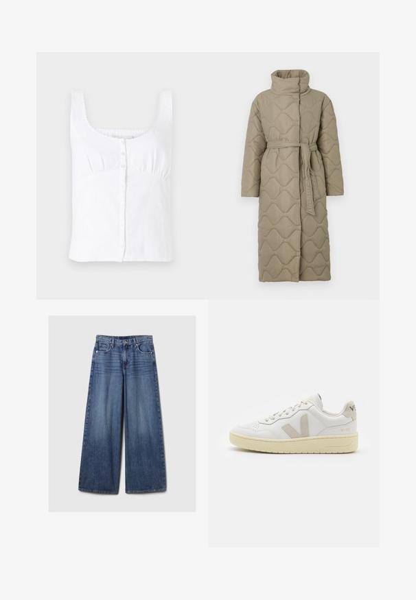 Pikk taupe värvi tikitud mantel kõrge kraega ja sobiva materjalist vööga, mis on seotud vöökohal, ning kogu ulatuses on lainelise mustriga tikand.; Valge linane ilma varrukateta topp, millel on ümmargune kaelus, esine nupukinnitus ja õrnate tikanditega dekoratsioonid rihmade peal. Sile tekstuur.; Laiad sinised denimpüksid, millel on pleekinud viimistlus, nupp ja lukuga sulgemine, viis taskut ning vööaasad.; Valge nahast tenniseking, millel on beežist siidist aktsent ja aukudega varvas, lame paelad ja tekstureeritud koorevärvi tallad. Omab nüansirikast brändimist kannal.