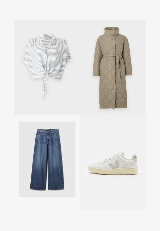 Dlhý taupe prešívaný kabát s vysokým golierom a opaskom z rovnakého materiálu viazaným v páse, so štepovaním vlnkového vzoru po celej ploche.; Šedobiele pruhované skrátené tričko s viazaním vpredu, gombíkovým zapínaním, krátkymi rukávmi a golierom, vyrobené z ľahkého materiálu.; Džíny s širokými nohavicami v modrej farbe s vyblednutým povrchom, s gombíkom a zipsom, piatimi vreckami a pútkami na opasok.; Biele kožené tenisky s béžovými semišovými akcentmi, perforovanou špičkou, plochými šnúrkami a textúrovanou krémovou podrážkou. Obsahujú jemné označenie na päte.