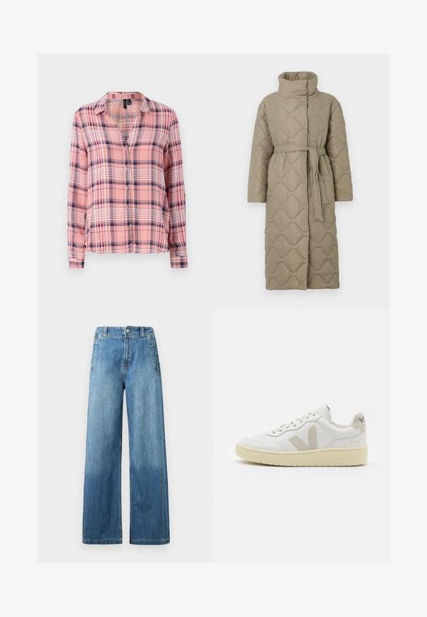 Dolga taupe puhovka s visokim ovratnikom in pasom iz iste tkanine, zavezanim na pasu, ki vsebuje šivane vzorce valov v celotni dolžini.; Srajca z dolgimi rokavi in gumbi v roza in mornarsko modrem karirastem vzorcu. Mehka tkanina, s ovratnikom, sproščen kroj z manšetami.; Svijetloplavi traper široki traperice s visokim strukom, s dva prednja džepa, petljama za pojas i suptilnom izblijedjelom teksturom.; Bela usnjena tenisača z bež semiš poudarki, perforiranim prednjim delom, ravnimi vezalkami in strukturiranim kremnim podplatom. Ima diskretno blagovno znamko na peti.