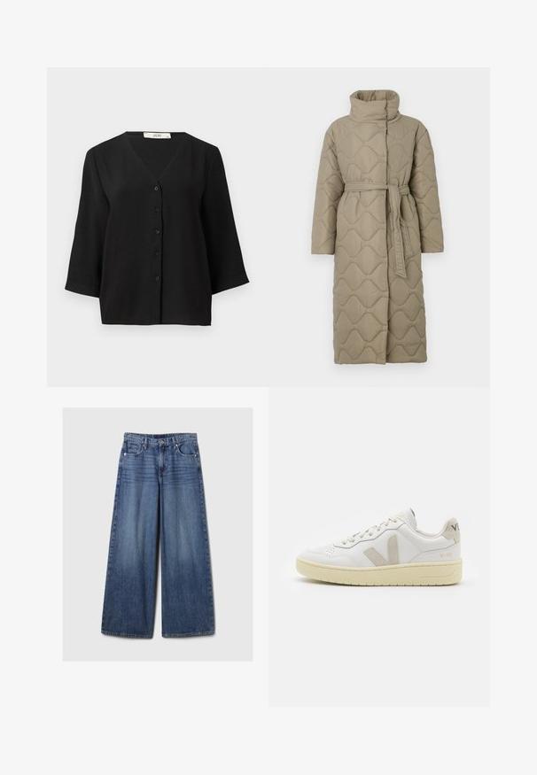 Casaco longo em taupe, acolchoado, com gola alta e cinto de tecido a condizer atado à cintura, apresentando um acolchoado em padrão de ondas por toda a parte.; Camisa preta de manga curta com botão e decote em V, apresenta um tecido texturizado e seis botões pretos na frente.; Calças de ganga azul de perna larga com um acabamento desbotado, apresentando um fecho de botão e zipper, cinco bolsos e passantes para cinto.; Sapatilha de couro branca com detalhes em camurça bege, biqueira perfurada, atacadores planos e sola texturizada creme. Apresenta uma marcação subtil no calcanhar.