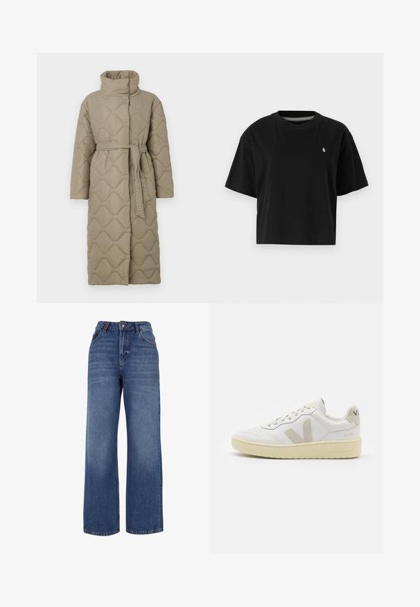 Dlouhý taupe prošívaný kabát s vysokým límcem a opaskem ze stejného materiálu svázaným v pase, se vzorem vlnkového šití po celém povrchu.; Černé zkrácené tričko z bavlny s krátkým rukávem, kulatým výstřihem a malým bílým logem na levé hrudi.; Džínové kalhoty s širokými nohavicemi vyrobené z modré středně těžké bavlněné látky. Mají klasický design s pěti kapsami a zip s knoflíkovým zapínáním.; Bílé kožené tenisky s béžovými semišovými akcenty, perforovanou špičkou, plochými tkaničkami a strukturovanou krémovou podešví. Obsahují jemné logo na patě.