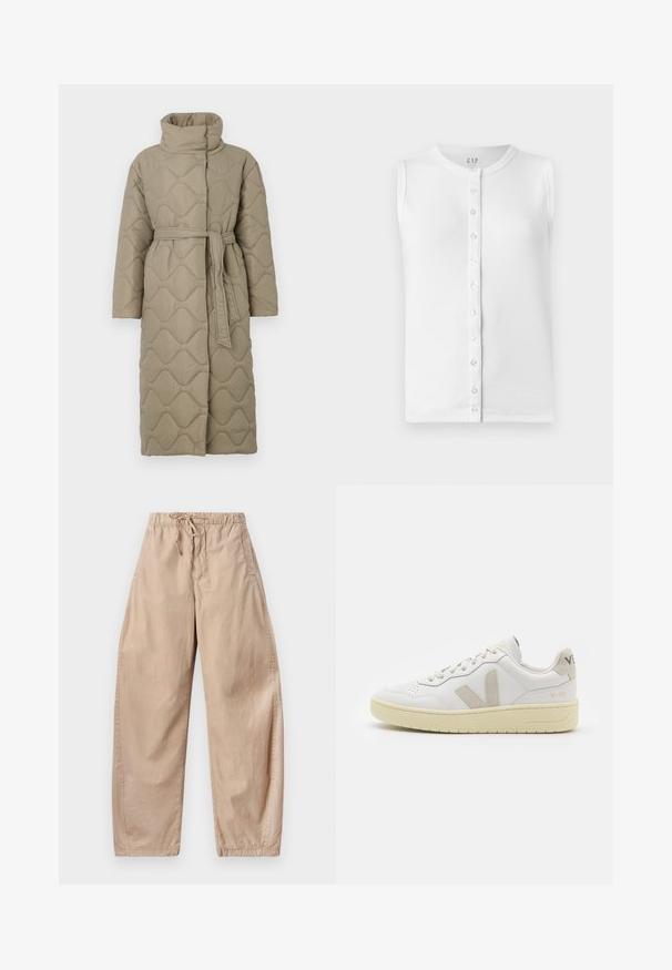 Pikk taupe värvi tikitud mantel kõrge kraega ja sobiva materjalist vööga, mis on seotud vöökohal, ning kogu ulatuses on lainelise mustriga tikand.; Valge ilma varrukateta T-särk, mis on valmistatud ribakangast, ümmarguse kaelusega ja seljal nuppude kinnitamisega, läbipaistvate nuppudega.; Bežist puuvillased laiad püksid elastse vöökoha ja nööriga, küljetaskute ja siledat, kerget tekstuuri omavad.; Valge nahast tenniseking, millel on beežist siidist aktsent ja aukudega varvas, lame paelad ja tekstureeritud koorevärvi tallad. Omab nüansirikast brändimist kannal.