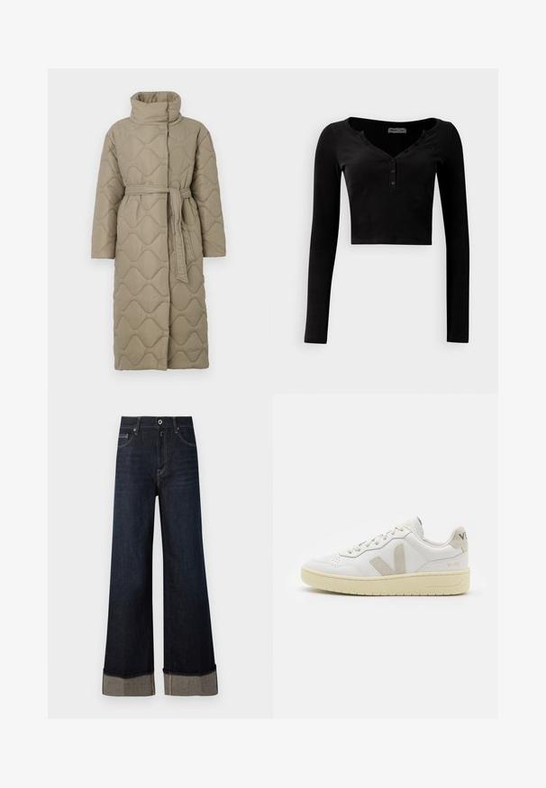 Long taupe quilted coat with high collar and matching fabric belt tied at the waist, featuring wave-pattern stitching throughout.; Black cropped long-sleeve top made of ribbed fabric, featuring a V-neckline and three-button placket at the front.; Dark blue high-waisted wide-leg jeans with a raw hem, featuring light brown stitching and a folded cuff revealing contrasting fabric.; White leather sneaker with beige suede accents, perforated toe box, flat laces, and a textured cream sole. Features subtle branding on heel.