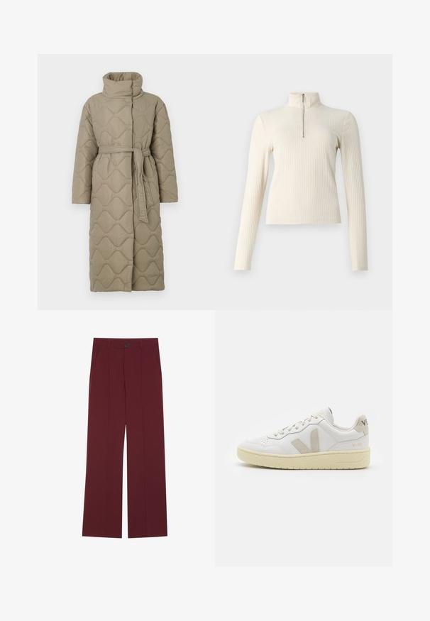 Dolga taupe puhovka s visokim ovratnikom in pasom iz iste tkanine, zavezanim na pasu, ki vsebuje šivane vzorce valov v celotni dolžini.; Kremni rebrasti pulover z dolgimi rokavi in kratkim ovratnikom. Ima četrtno zadrgo spredaj in prilegajočo se zasnovo. Enostavna tekstura.; Burgundske hlače širokega kroja, z gumbom za zapiranje, dvema stranskima žepoma in z gubanjem spredaj. Gladka tekstura tkanine.; Bela usnjena tenisača z bež semiš poudarki, perforiranim prednjim delom, ravnimi vezalkami in strukturiranim kremnim podplatom. Ima diskretno blagovno znamko na peti.