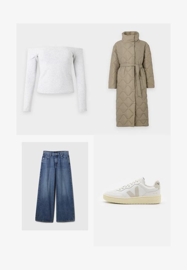 Long taupe quilted coat with high collar and matching fabric belt tied at the waist, featuring wave-pattern stitching throughout.; Light gray, fitted long-sleeve shirt with an off-the-shoulder neckline. Made of soft, stretchable fabric with a smooth texture.; Wide-leg blue denim jeans with a faded finish, featuring a button and zipper closure, five pockets, and belt loops.; White leather sneaker with beige suede accents, perforated toe box, flat laces, and a textured cream sole. Features subtle branding on heel.