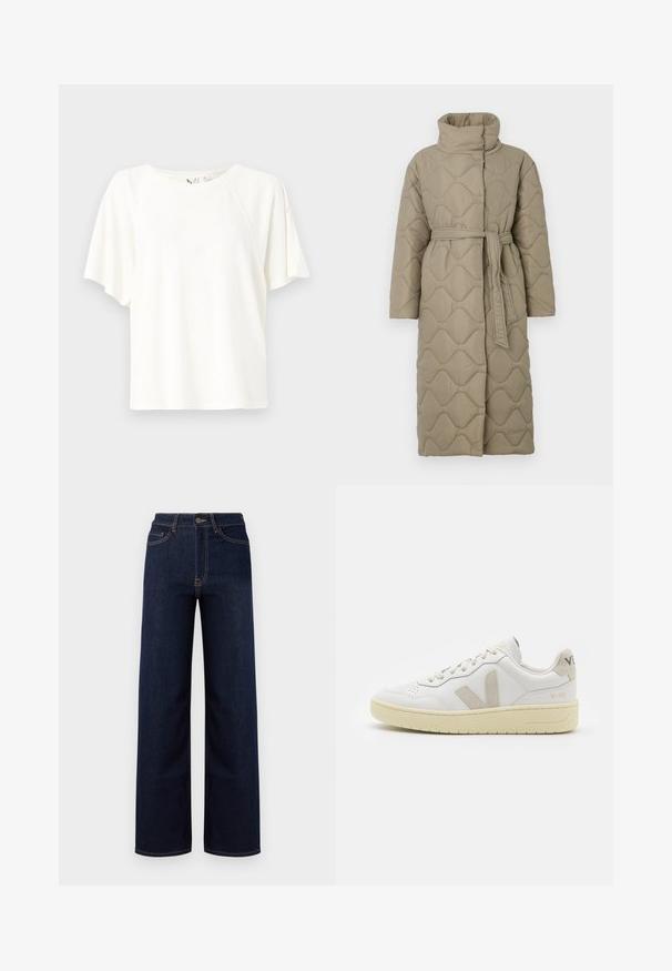 Langer taubefarbener gesteppter Mantel mit hohem Kragen und passendem Stoffgürtel, der in der Taille gebunden ist, mit Wellenmuster-Steppung. ; Weißes Kurzarm-T-Shirt aus weichem Stoff, mit lockerer Passform, rundem Ausschnitt und dezentem Logo-Detail auf der Brust.; Dunkelblaue weit geschnittene Jeans aus Denim, mit hoher Taille, vier Taschen und kontrastierenden Nähten entlang der Nähte.; Weiße Ledersneaker mit beigen Wildlederakzenten, perforierte Zehenbox, flache Schnürsenkel und eine strukturierte cremefarbene Sohle. Mit dezentem Branding an der Ferse.