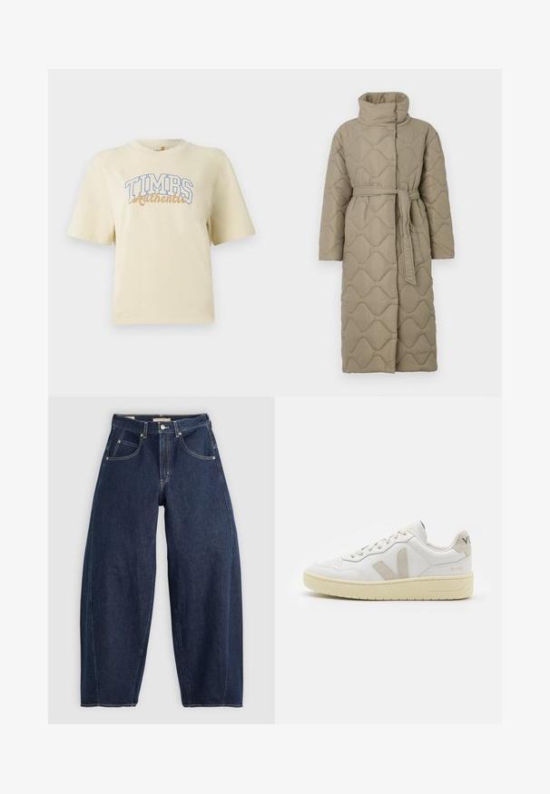 Pikk taupe värvi tikitud mantel kõrge kraega ja sobiva materjalist vööga, mis on seotud vöökohal, ning kogu ulatuses on lainelise mustriga tikand.; Kreemi lühikeste varrukatega T-särk, millel on sinise ja kuldse letteringuga "TIMBS Authentic". Valmistatud pehmest puuvillast, millel on lõdvestatud lõige.; Tumed sinise denimist teksad, millel on lahtine lõige, heledad õmblused, viis taskut ja nupuga sulgemine vöökohal.; Valge nahast tenniseking, millel on beežist siidist aktsent ja aukudega varvas, lame paelad ja tekstureeritud koorevärvi tallad. Omab nüansirikast brändimist kannal.