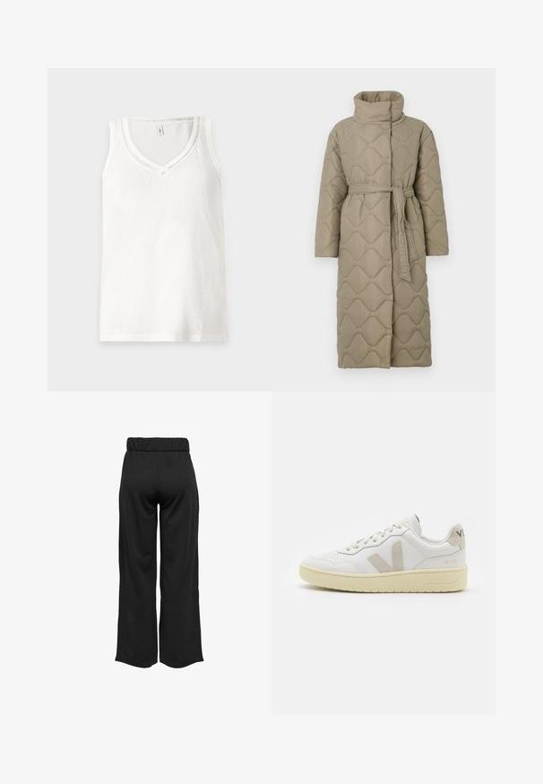 Lange taupe gekwiltde jas met hoge kraag en bijpassende stoffen riem die om de taille is geknoopt, met golfpatroon stiksel over het geheel.; Witte tanktop zonder mouwen met een V-hals, gemaakt van zachte stof, met subtiele ribbelstructuren langs de halslijn en zoom.; Zwarte, wijde broek met een elastische tailleband, gemaakt van gladde stof. Heeft een strakke uitstraling zonder zakken of zichtbare stikseldetails.; Witte leren sneaker met beige suède accenten, geperforeerde neus, platte veters en een gestructureerde crèmekleurige zool. Heeft subtiele branding op de hak.