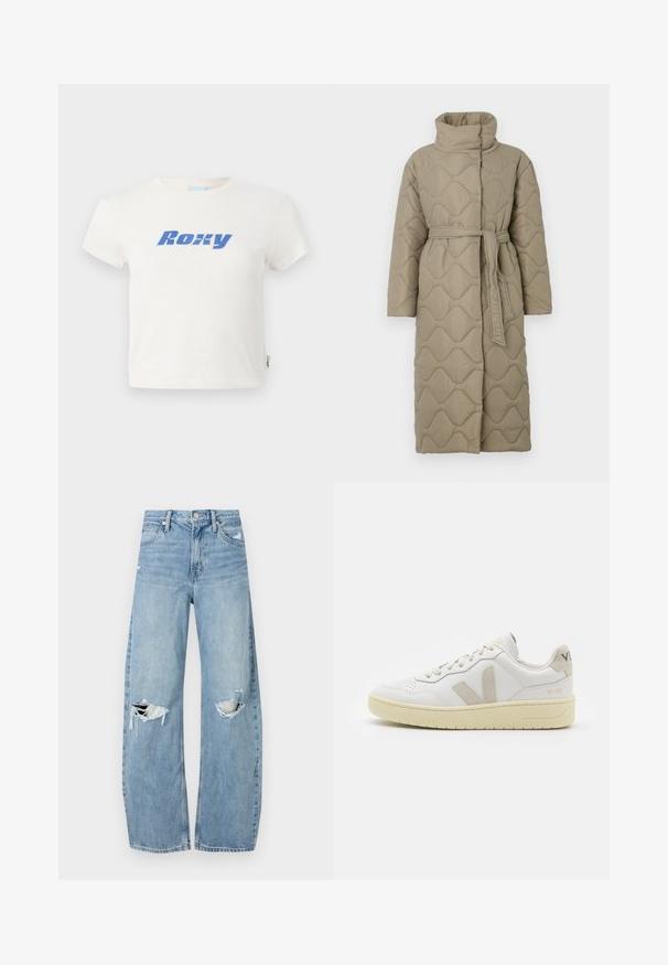 Pitkä taupe-värinen tikattu takki, jossa on korkea kaulus ja samaa kangasta oleva vyö solmittuna vyötärölle. Takissa on aallokkomuotoista tikkausta koko matkalta.; Valkoinen puuvillapaita, jossa on pyöreä pääntie. Rinnan kohdalla suuri sininen "Roxy" -logo. Lyhyet hihat, normaali istuvuus.; Vaaleansiniset, korkeavyötäröiset farkut, jotka on valmistettu denimmateriaalista. Ominaisuuksiin kuuluvat leveät lahkeet, kaksi revittyä polvialuetta ja klassinen viiden taskun tyyli.; Valkoiset nahkakengät, joissa on vaaleanruskeat pigmenttisuojat, rei'itetty kärki, litteät nauhat ja teksturoitu kermaisa pohja. Takana on huomaamaton brändäys.