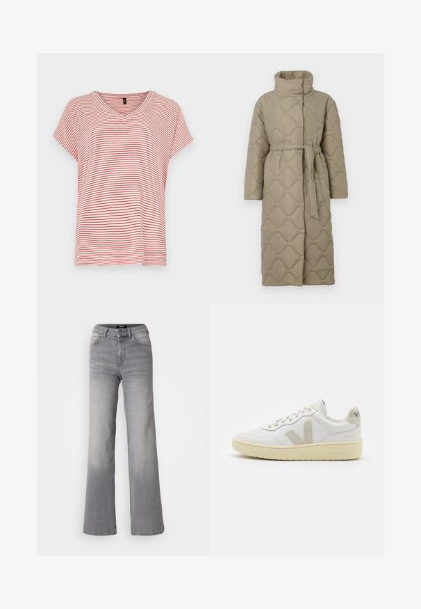 Pikk taupe värvi tikitud mantel kõrge kraega ja sobiva materjalist vööga, mis on seotud vöökohal, ning kogu ulatuses on lainelise mustriga tikand.; Punane ja valge triibuline lühikeste varrukatega V-kaelusega t-särk, millel on vabalt langev lõige ja pehme kangas. Triibud on disainis ühtlaselt jaotatud.; Kõrge vöökoht, sirged hallid teksad, millel on ees nupp ja lukku, ees ja taga taskud ning hägune varjund reitel ja sääremarjadel.; Valge nahast tenniseking, millel on beežist siidist aktsent ja aukudega varvas, lame paelad ja tekstureeritud koorevärvi tallad. Omab nüansirikast brändimist kannal.