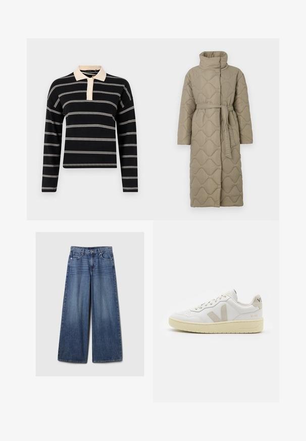 Hosszú taupe színű steppelt kabát magas gallérral és azonos anyagból készült övvel, amely a deréknál van megkötve, hullámmintás varrással az egész felületen.; Fekete hosszú ujjú polo ing, krémszínű vízszintes csíkokkal, krémszínű gallérral és három gombos patenttel. Puha kötött textúrájú.; Széles lábú kék farmernadrág elhalványodott felülettel, gombos és cipzáras záródással, öt zsebbel és övhurkokkal.; Fehér bőr sneaker bézs velúr részletekkel, perforált orr résszel, lapos fűzőkkel és textúrált krémszínű talppal. Finom márkajelzés található a sarkán.