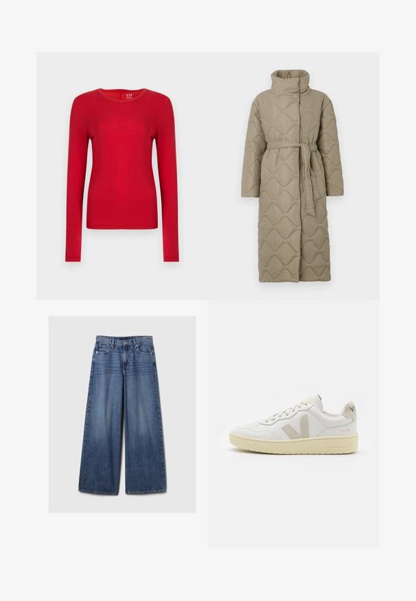 Pikk taupe värvi tikitud mantel kõrge kraega ja sobiva materjalist vööga, mis on seotud vöökohal, ning kogu ulatuses on lainelise mustriga tikand.; Punane pikka varrukat särg tehtud pehmest puuvillast, ümmarguse kaelusega ja istuva lõikega. Sile pind ilma mustrite või kaunistusteta.; Laiad sinised denimpüksid, millel on pleekinud viimistlus, nupp ja lukuga sulgemine, viis taskut ning vööaasad.; Valge nahast tenniseking, millel on beežist siidist aktsent ja aukudega varvas, lame paelad ja tekstureeritud koorevärvi tallad. Omab nüansirikast brändimist kannal.