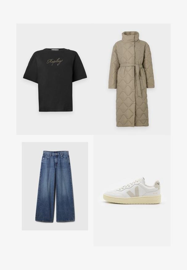Casaco longo em taupe, acolchoado, com gola alta e cinto de tecido a condizer atado à cintura, apresentando um acolchoado em padrão de ondas por toda a parte.; T-shirt preta de manga curta com o logótipo em itálico dourado "Replay" centrado no peito, apresentado sobre um fundo branco simples.; Calças de ganga azul de perna larga com um acabamento desbotado, apresentando um fecho de botão e zipper, cinco bolsos e passantes para cinto.; Sapatilha de couro branca com detalhes em camurça bege, biqueira perfurada, atacadores planos e sola texturizada creme. Apresenta uma marcação subtil no calcanhar.