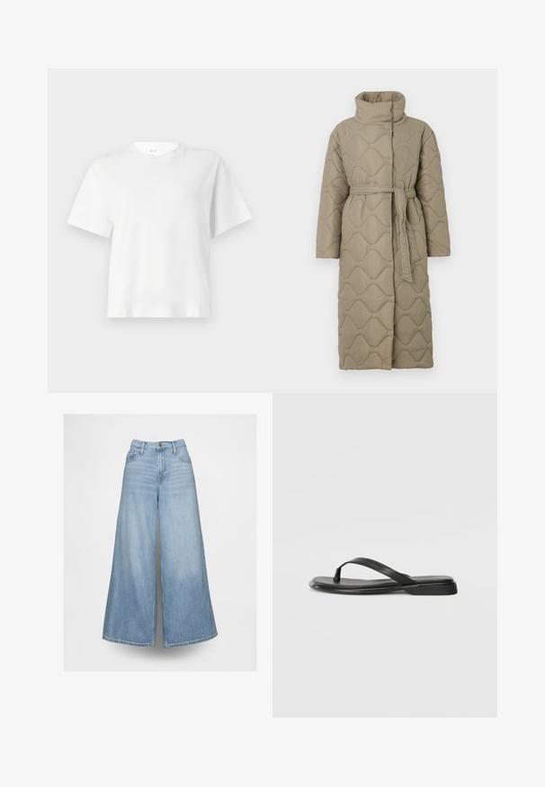 Dolga taupe puhovka s visokim ovratnikom in pasom iz iste tkanine, zavezanim na pasu, ki vsebuje šivane vzorce valov v celotni dolžini.; Bela kratka majica s kratkimi rokavi iz bombaža, z okroglim izrezom in sproščenim krojem. Gladka tekstura s preprostim, klasičnim dizajnom.; Svijetloplave široke traperice sa visokim strukom, prednjim dugmetom i zatvaračem, te prednjim i stražnjim džepovima na jednobojnoj pozadini.; Črne japanke iz gladke usnjene materiale, z tankim trakastim dizajnom in ravnim podplatom minimalnega profila. Brez opaznih vzorcev ali dodatkov.