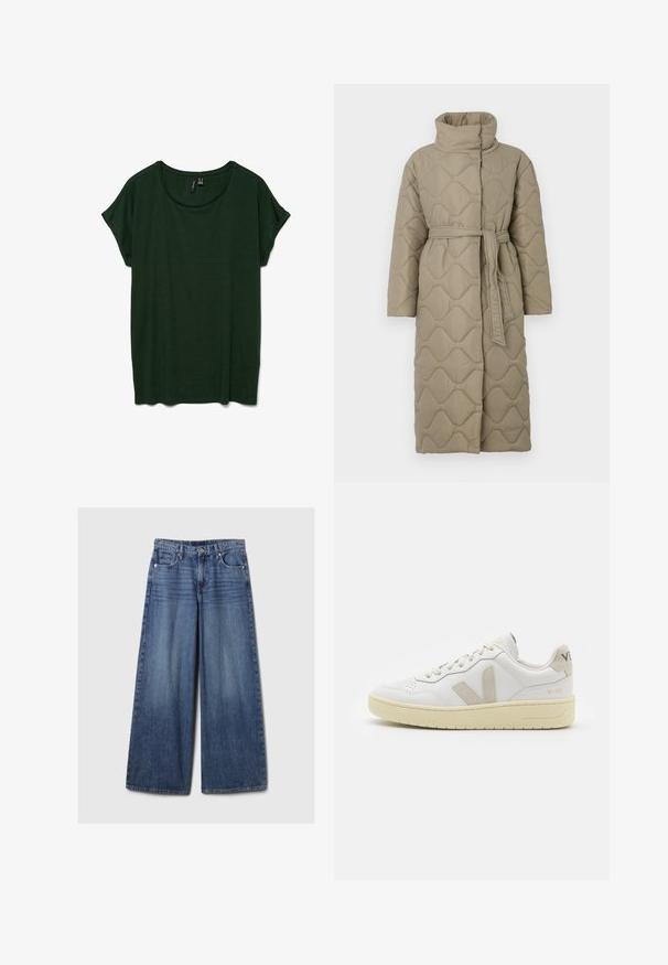 Casaco longo em taupe, acolchoado, com gola alta e cinto de tecido a condizer atado à cintura, apresentando um acolchoado em padrão de ondas por toda a parte.; T-shirt de manga curta verde escuro com decote arredondado e um corte relaxado. Textura suave, sem padrões visíveis ou detalhes em metal.; Calças de ganga azul de perna larga com um acabamento desbotado, apresentando um fecho de botão e zipper, cinco bolsos e passantes para cinto.; Sapatilha de couro branca com detalhes em camurça bege, biqueira perfurada, atacadores planos e sola texturizada creme. Apresenta uma marcação subtil no calcanhar.