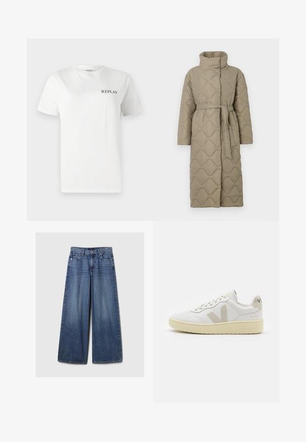 Pikk taupe värvi tikitud mantel kõrge kraega ja sobiva materjalist vööga, mis on seotud vöökohal, ning kogu ulatuses on lainelise mustriga tikand.; Valge puuvillane T-särk lühikeste varrukatega, ümar kaelus, millel on vasakul rinnal väike must "REPLAY" logo. Sile tekstuur.; Laiad sinised denimpüksid, millel on pleekinud viimistlus, nupp ja lukuga sulgemine, viis taskut ning vööaasad.; Valge nahast tenniseking, millel on beežist siidist aktsent ja aukudega varvas, lame paelad ja tekstureeritud koorevärvi tallad. Omab nüansirikast brändimist kannal.