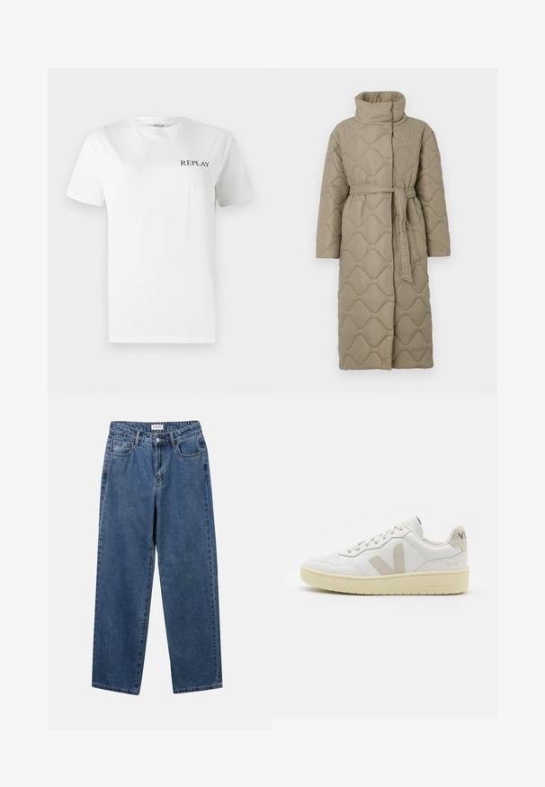 Garšs pelēkbrūns quiltēts mētelis ar augstu apkakli un atbilstošu auduma jostu, kas sasieta ap vidukli, ar viļņu raksta šuvēm visā virsmā.; Balts kokvilnas T-krekls ar īsām piedurknēm, apaļu kakla izgriezumu, ar mazu melnu "REPLAY" logo kreisajā krūšu daļā. Gluda tekstūra.; Klasiskie zili džinsi ar taisnu kāju dizainu, pieciem kabatām un pogu aizdari. Iezīmējas ar vidēju mazgāšanu un izturīgu tekstūru.; Baltas ādas sporta apavu pāris ar bēšiem zamša akcentiem, caurumiņu purngalā, plakanu šņorēšanu un teksturētu krēmkrāsas zoli. Iezīmējas ar diskrētu zīmolu uz papēža.