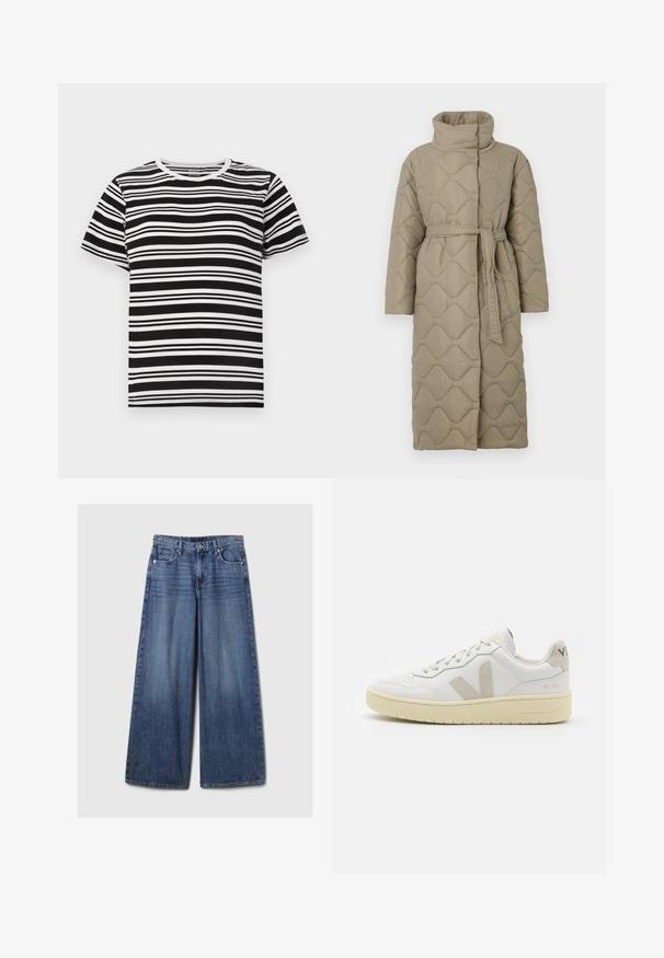 Long taupe quilted coat with high collar and matching fabric belt tied at the waist, featuring wave-pattern stitching throughout.; Black and white short-sleeve t-shirt featuring horizontal stripes of varying widths and a classic round neckline. Soft cotton fabric.; Wide-leg blue denim jeans with a faded finish, featuring a button and zipper closure, five pockets, and belt loops.; White leather sneaker with beige suede accents, perforated toe box, flat laces, and a textured cream sole. Features subtle branding on heel.