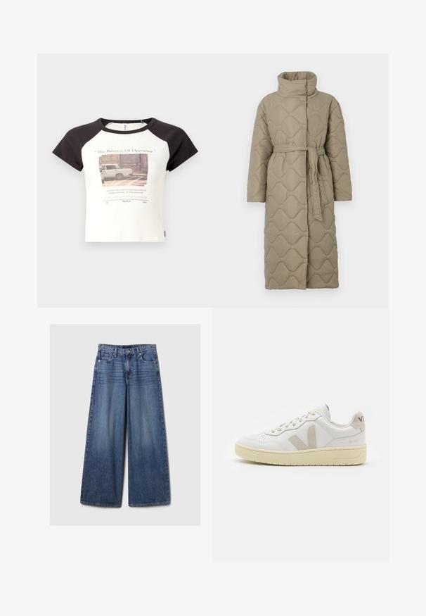 Hosszú taupe színű steppelt kabát magas gallérral és azonos anyagból készült övvel, amely a deréknál van megkötve, hullámmintás varrással az egész felületen.; Rövid ujjú póló fehér alappal és fekete raglán ujjal. Az elején nyomtatott grafika és szöveg található. Pamut keverékből készült.; Széles lábú kék farmernadrág elhalványodott felülettel, gombos és cipzáras záródással, öt zsebbel és övhurkokkal.; Fehér bőr sneaker bézs velúr részletekkel, perforált orr résszel, lapos fűzőkkel és textúrált krémszínű talppal. Finom márkajelzés található a sarkán.
