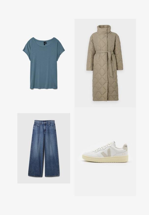 Manteau lung de culoare taupe, matlasat, cu guler înalt și curea din același material legată în talie, având o broderie în formă de valuri pe întreaga suprafață.; Tricou cu decolteu rotund, cu mânecă scurtă, într-o nuanță de albastru estompat. Fabricat dintr-un material moale și ușor, cu o textură fină și o croială relaxată.; Blugi din denim albastru cu picioare largi, având un finisaj uzat, cu închidere prin buton și fermoar, cinci buzunare și curea.; Pantofii sport din piele albă cu accente din suede bej, cutie pentru degete perforată, șireturi plate și o talpă texturată de crem. Prezintă branding subtil pe călcâi.