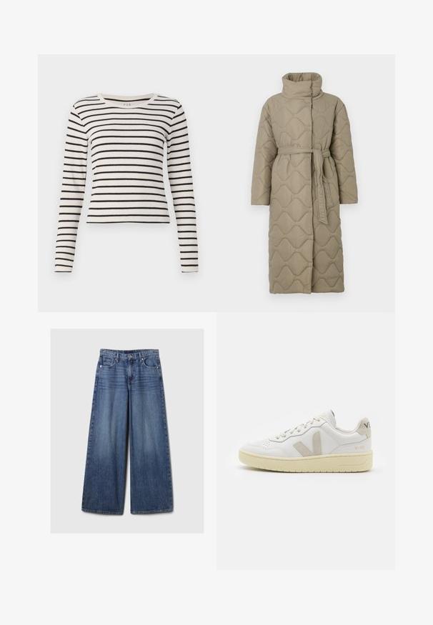 Long taupe quilted coat with high collar and matching fabric belt tied at the waist, featuring wave-pattern stitching throughout.; Striped long-sleeve top in cream and black. Features a round neckline, ribbed texture, and fitted design with horizontal stripes.; Wide-leg blue denim jeans with a faded finish, featuring a button and zipper closure, five pockets, and belt loops.; White leather sneaker with beige suede accents, perforated toe box, flat laces, and a textured cream sole. Features subtle branding on heel.